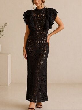 Zara Black Crochet Lace Maxi Dress with Ruffle Sleeves